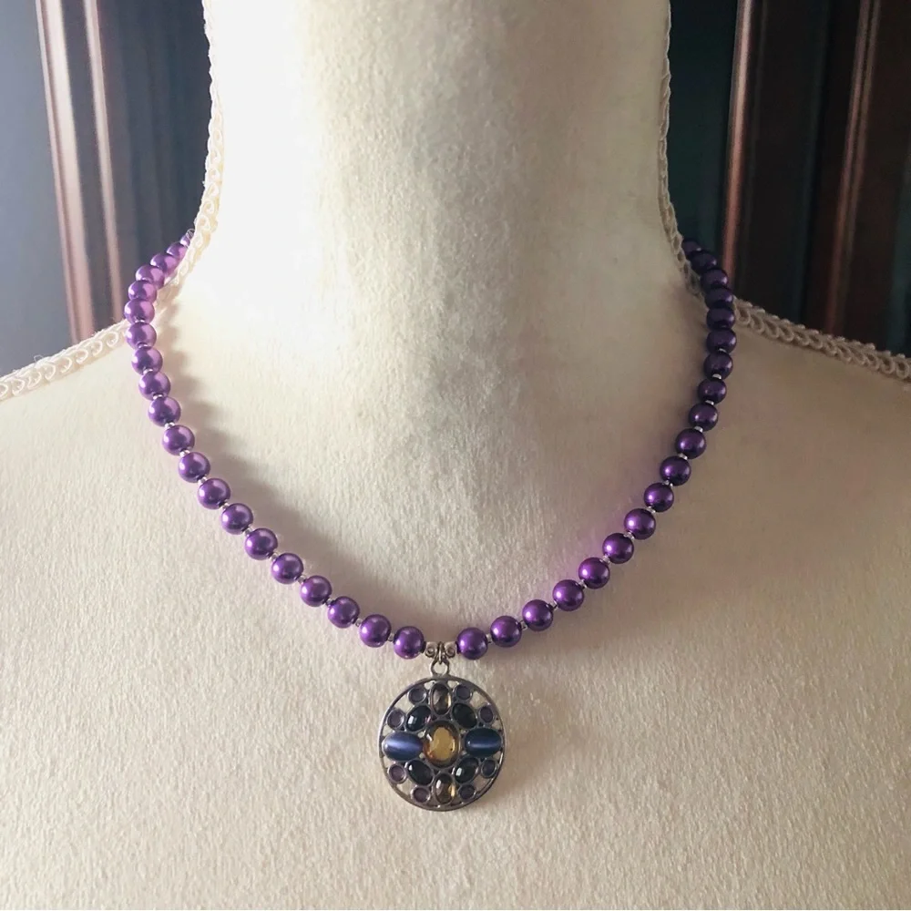 Handcrafted repurpose multi tone stone pendant Czech glass Pearl necklace